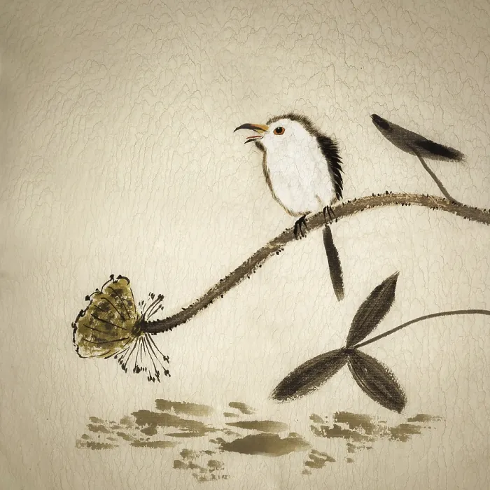 Framed Print : Chinese traditional ink painting with birds and flowers on yellow old canvas