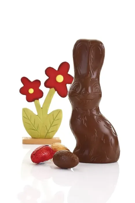 Framed Print : Chocolate easter bunny with easter eggs and artificail flower Framed Print : Chocolate easter bunny with easter eggs and artificail flower