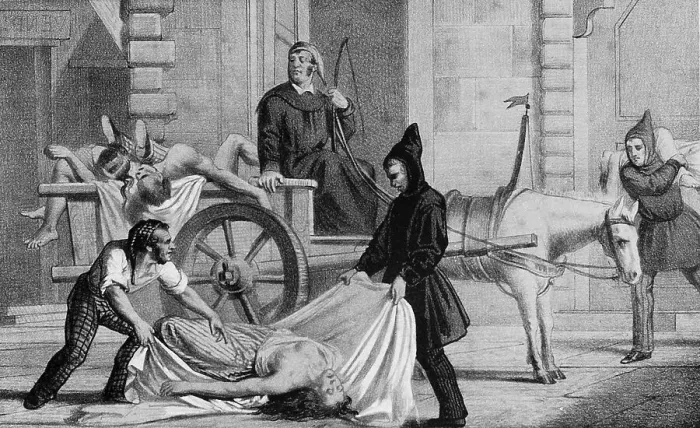 Framed Print : Cholera in Palermo, 1835. Men in uniform pick up a corpse in the street and place it on a cart