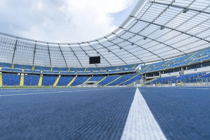 Framed Print : CHORZOW, POLAND - MAY 9, 2018: athletics track at Silesian Stadium multifunctional arena adapted to football matches