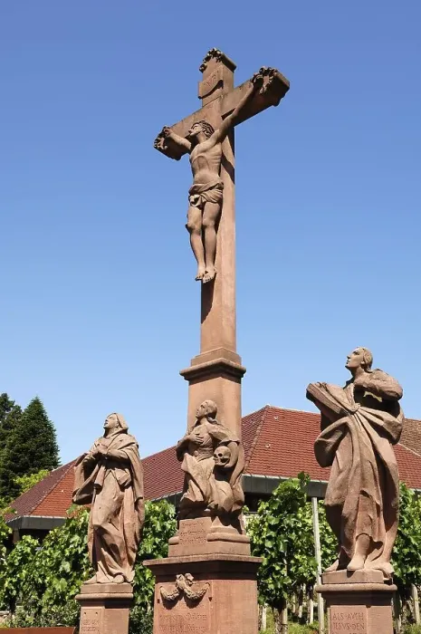 Framed Print : Christ cross with sculptures of saints against blue sky Framed Print : Christ cross with sculptures of saints against blue sky