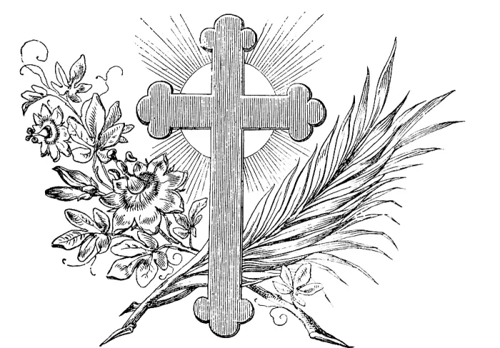 Framed Print : Christian symbols with cross, palm branch