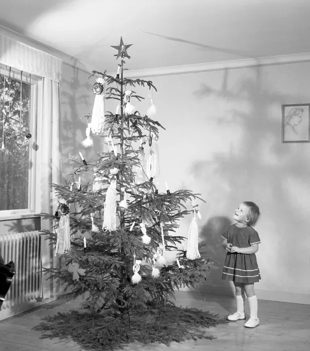 Framed Print : Christmas in the 1950s. A young girl is standing by the christmas tree