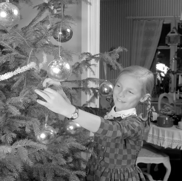 Framed Print : Christmas in the 1960s. A young girl is standing by the christmas tree decorating it Framed Print : Christmas in the 1960s. A young girl is standing by the christmas tree decorating it