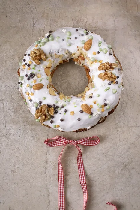 Framed Print : Christmas cake in sugar glaze, with walnuts and almonds