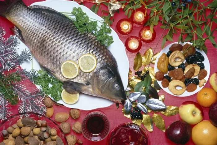 Framed Print : Christmas carp with fruit and nuts Framed Print : Christmas carp with fruit and nuts