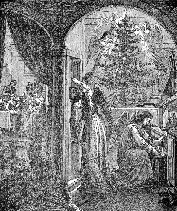 Framed Print : Christmas decorations, angels hide the gifts and decorate the Christmas tree