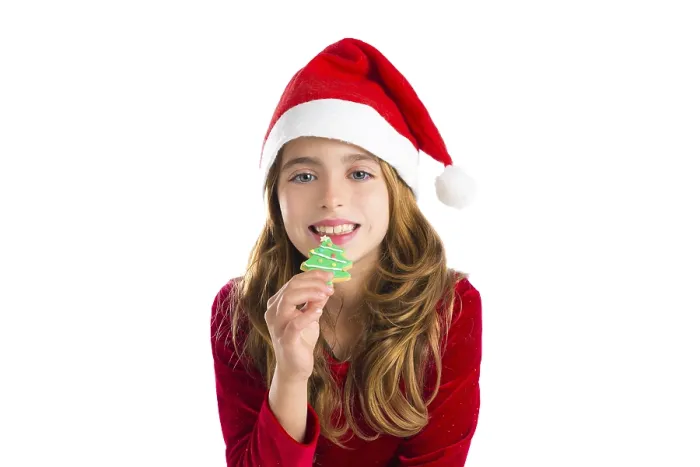 Framed Print : Christmas kid girl Xmas tree cookie isolated on white background