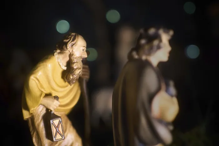 Framed Print : A Christmas manger scene with beautifully carved figures