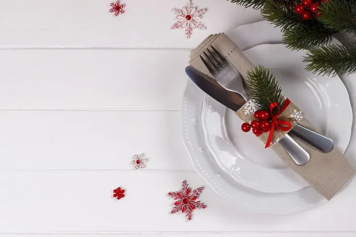 Framed Print : Christmas table setting on white wooden table