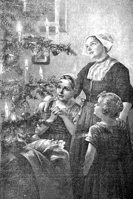 Framed Print : Christmas time, mother and two children in front of Christmas tree with burning candles