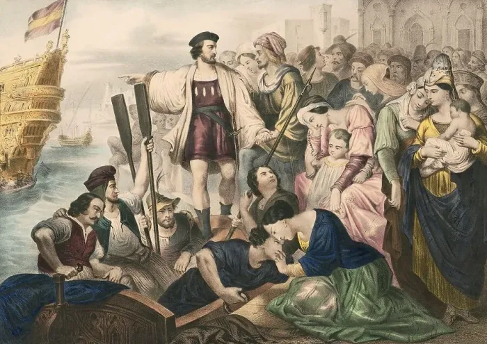 Framed Print : Christopher Columbus and his crew leaving the port of Palos Framed Print : Christopher Columbus and his crew leaving the port of Palos