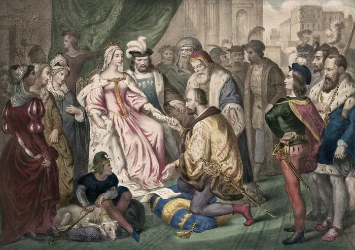 Framed Print : Christopher Columbus standing before King Ferdinand and Queen Isabella on his return to Spain Framed Print : Christopher Columbus standing before King Ferdinand and Queen Isabella on his return to Spain