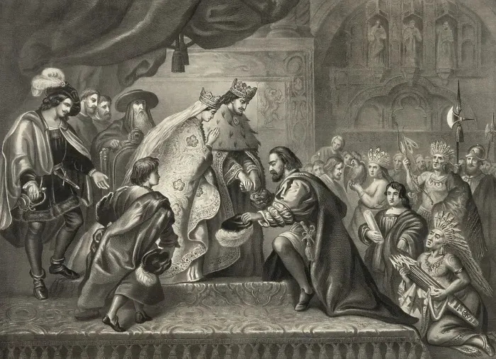 Framed Print : Christopher Columbus standing before King Ferdinand and Queen Isabella on his return to Spain Framed Print : Christopher Columbus standing before King Ferdinand and Queen Isabella on his return to Spain