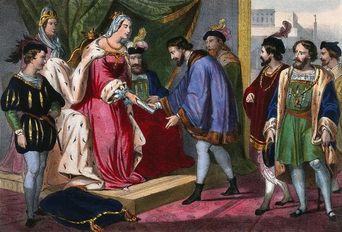 Framed Print : Christopher Columbus standing before King Ferdinand and Queen Isabella on his return to Spain Framed Print : Christopher Columbus standing before King Ferdinand and Queen Isabella on his return to Spain