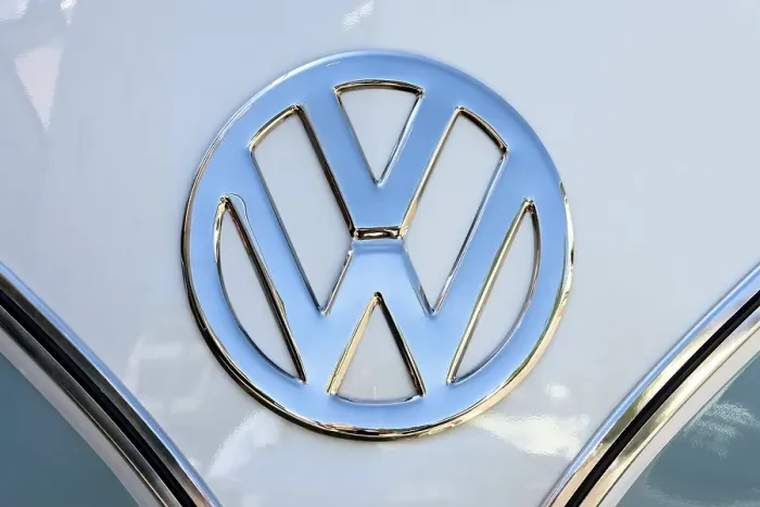Framed Print : Chrome VW logo on the front of a Volkswagen Type 2 Transporter