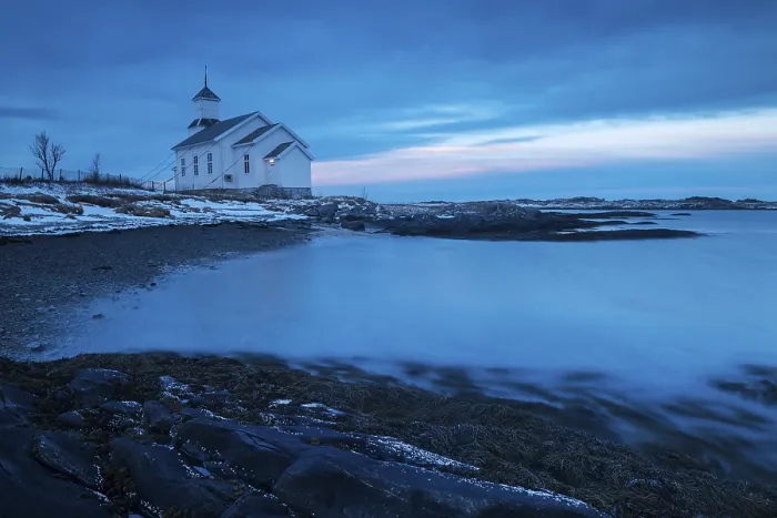 Framed Print : Church on the coast at dusk, Gimsoy