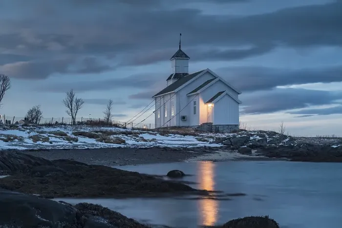 Framed Print : Church of Gimsoy at dawn, Gimsoykirke