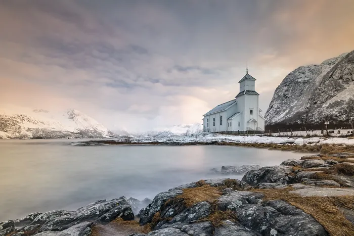 Framed Print : Church of Gimsoy in front of snowy mountains Framed Print : Church of Gimsoy in front of snowy mountains