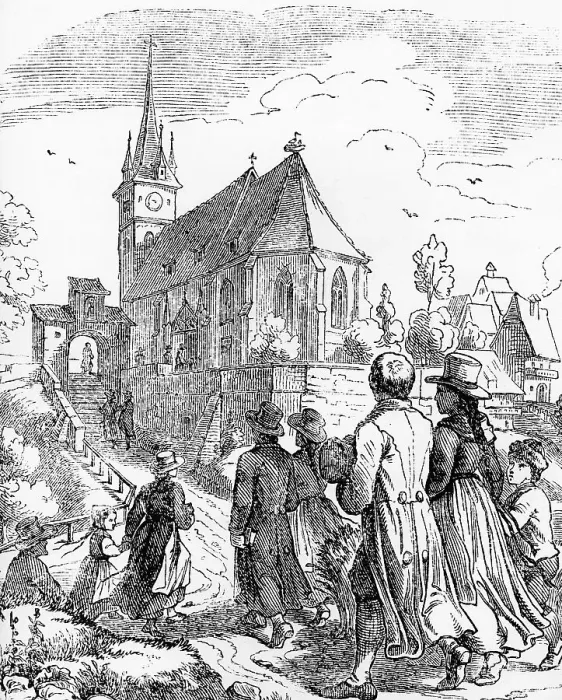 Framed Print : Church going on a Sunday, woodcut, c. 1900 Framed Print : Church going on a Sunday, woodcut, c. 1900