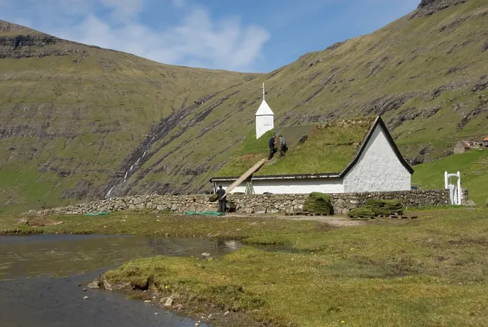 Framed Print : Church with grass sod roof, green roof