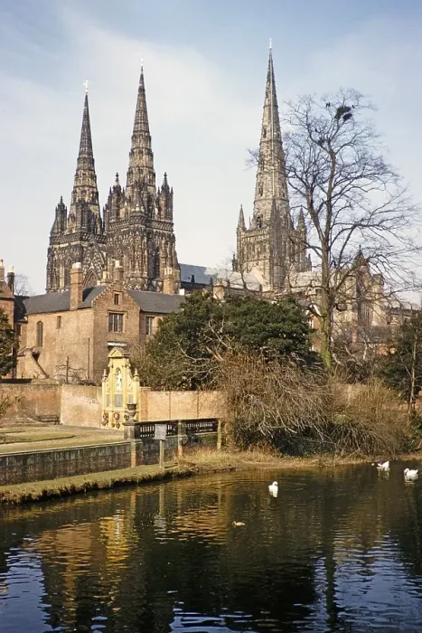Framed Print : Church of Lichfield Cathedral from the Minster Pool, Lichfield, Staffordshire, England, United Kingdom, early 1960s, Europe