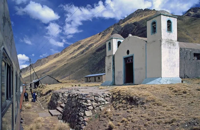 Framed Print : Church next to the railroad, Andean highlands between Cusco and Puno