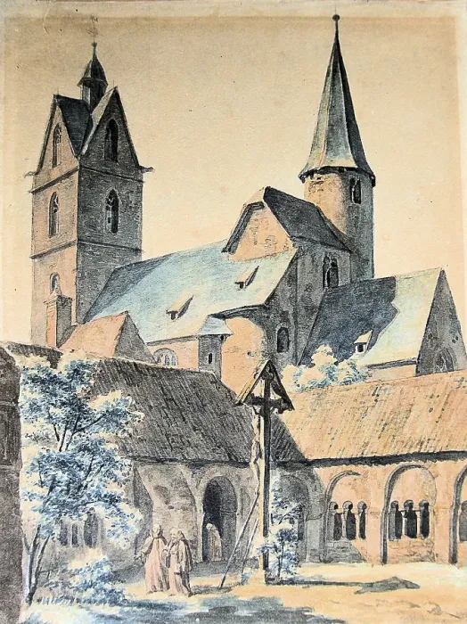 Framed Print : Church, St. Peter and Andrew, Paderborn, faith, provost church, Roman Catholic, parish, early Gothic, old, building, drawing, illustration, drawn, watercolour, historical, sacral building, representation, building, church building