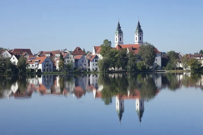 Framed Print : Church of St Peter on lake Stadtsee