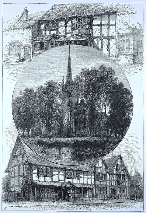 Framed Print : The church in Stratford and Shakespear's house as they were during his lifetime (top image) Framed Print : The church in Stratford and Shakespear's house as they were during his lifetime (top image)