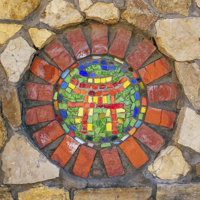 Framed Print : Circular mosaic religious symbol of Shinto on stone wall Framed Print : Circular mosaic religious symbol of Shinto on stone wall