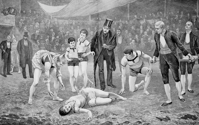 Framed Print : A circus tragedy, An artist has crashed and lies injured on the ground Framed Print : A circus tragedy, An artist has crashed and lies injured on the ground