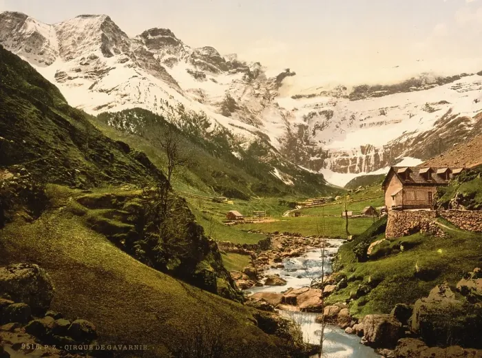 Framed Print : Cirque de Gavarnie is a rocky cirque in the Pyrenees National Park, Gavarnie, Departement Hautes-Pyrenees in the Occitanie region, France, Historical, digitally restored reproduction from a 19th century original, coloured, Europe