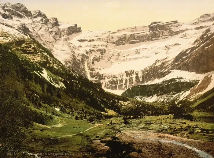 Framed Print : Cirque de Gavarnie is a rocky cirque in the Pyrenees National Park, Gavarnie, Departement Hautes-Pyrenees in the Occitanie region, France, Historical, digitally restored reproduction from a 19th century original, coloured, Europe