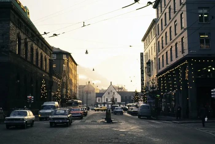 Framed Print : City centre with Christmas lights, Bergen, Norway, 1970, Europe Framed Print : City centre with Christmas lights, Bergen, Norway, 1970, Europe