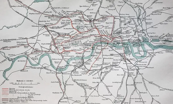 Framed Print : City map, 1892, London Underground and train Framed Print : City map, 1892, London Underground and train