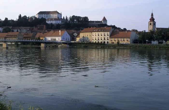 Framed Print : City of Ptuj at River Drau, Drava
