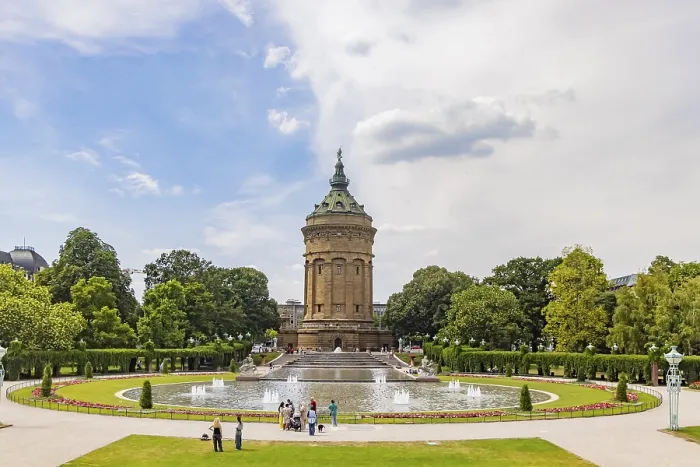 Framed Print : City view, historic water tower with fountain