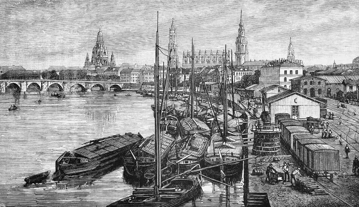 Framed Print : City view of the Saxon capital Dresden on the Elbe, harbour with barges, railway with freight traffic, workers, dome of the Church of Our Lady, Elbe bridge, travel, Saxony, Germany, historical illustration 1885, Europe