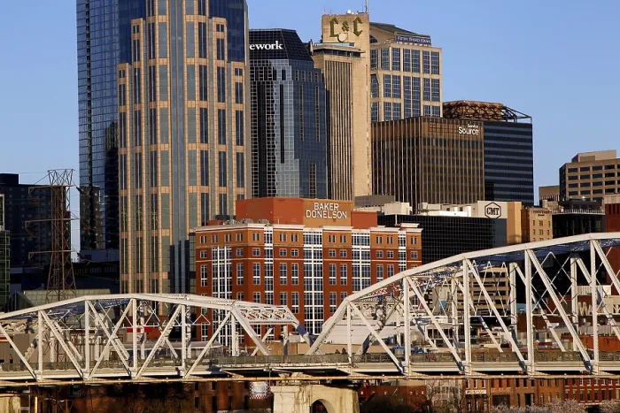 Framed Print : City view with skyscrapers and bridge under clear sky in Nashville
