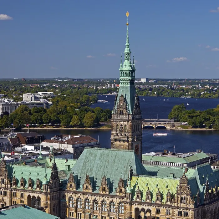 Framed Print : City view from above with the town hall and the Alster