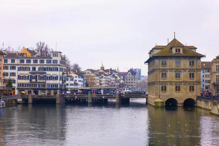 Framed Print : Cityscape and House on River Limmat in City of Zurich