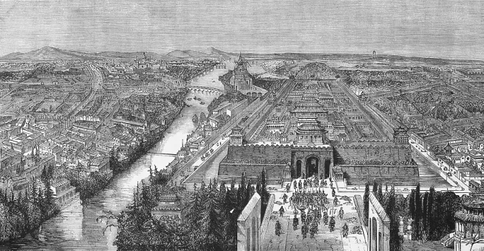 Framed Print : Cityscape from above with Imperial Palace of Peking or Beijing, city wall, river, old town, travelling in Asia, China, historical illustration 1887, Asia Framed Print : Cityscape from above with Imperial Palace of Peking or Beijing, city wall, river, old town, travelling in Asia, China, historical illustration 1887, Asia