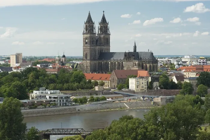Framed Print : Cityscape with Magdeburg Cathedral and Elbe Framed Print : Cityscape with Magdeburg Cathedral and Elbe