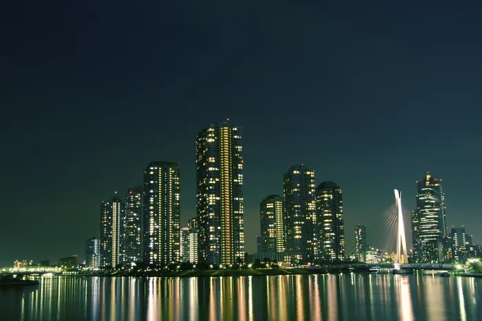 Framed Print : Cityscape of night Tokyo, modern district buildings at Tsukishima district