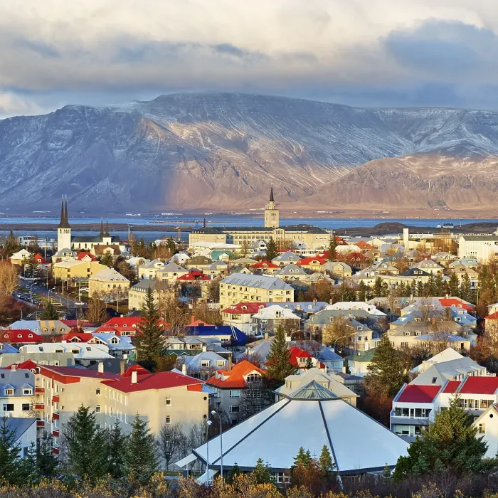 Framed Print : Cityscape, Reykjavik and Faxafloi Bay in the evening