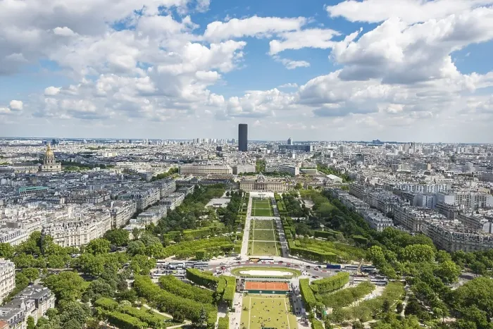 Framed Print : Cityscape, view from the Eiffel Tower over Parc du Champ de Mars, Montparnasse Tower behind, Paris, Ile-de-France, France, Europe Framed Print : Cityscape, view from the Eiffel Tower over Parc du Champ de Mars, Montparnasse Tower behind, Paris, Ile-de-France, France, Europe