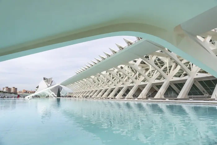 Framed Print : Ciudad de las artes y las ciencias showcases innovative architecture with white structures spanning across Framed Print : Ciudad de las artes y las ciencias showcases innovative architecture with white structures spanning across
