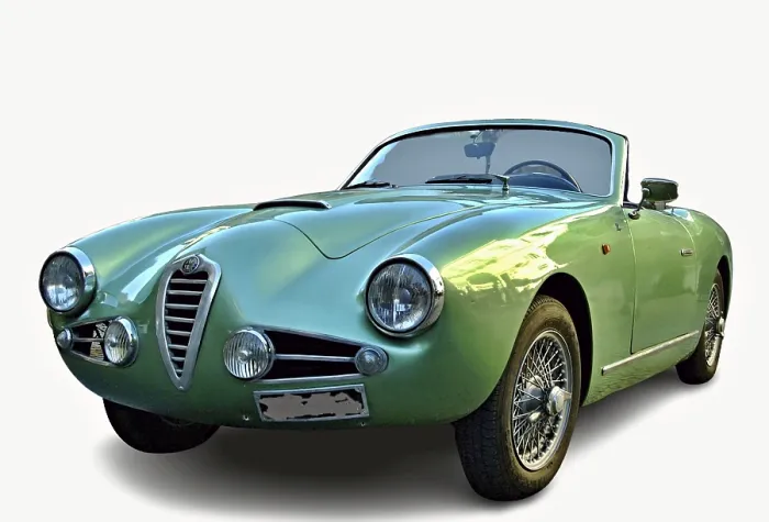 Framed Print : Classic Alfa Romeo 1900 C Sprint shining in green posing on white background
