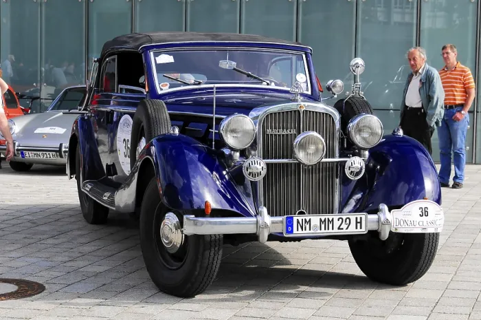 Framed Print : Classic blue cabriolet with shiny chrome